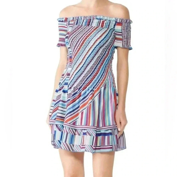 Parker Zizola Off-Shoulder Patchwork Mini Dress Blue Multi Stripe Size Small S - Picture 1 of 6